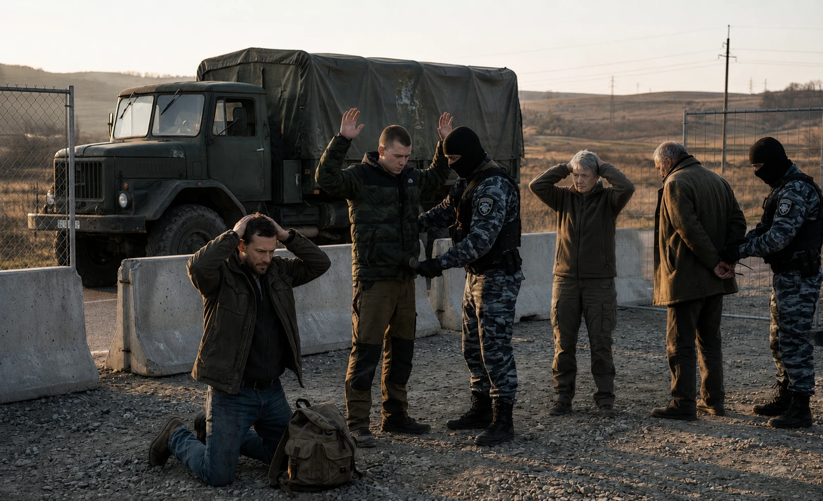 Civilians forced to surrender at a checkpoint, the coercion scenario Deniable OS is built for