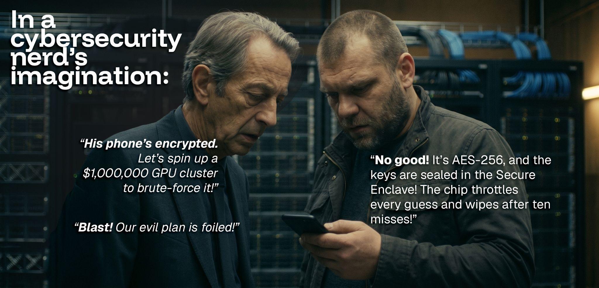 Comic panel imagining an attacker defeated by unbreakable encryption.