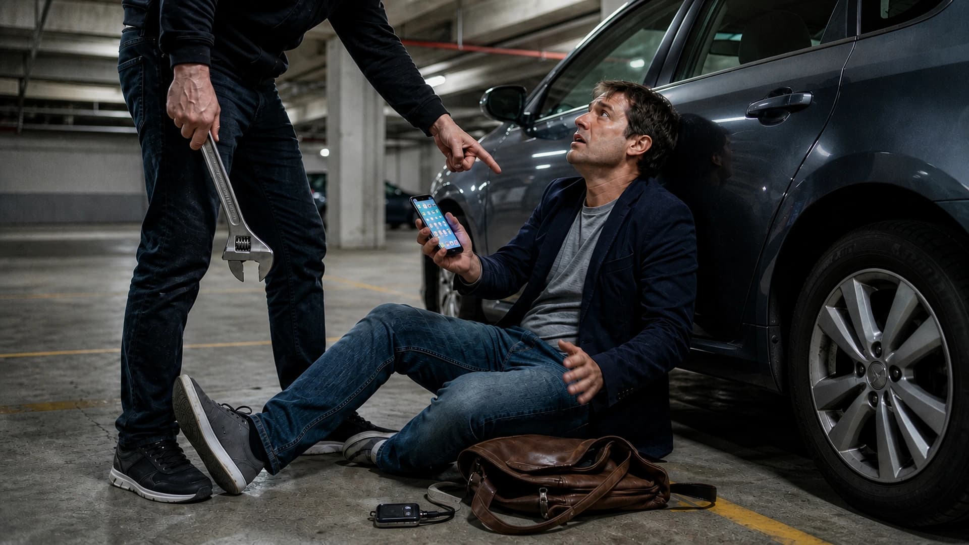 Person threatened for a phone beside a car in a parking garage